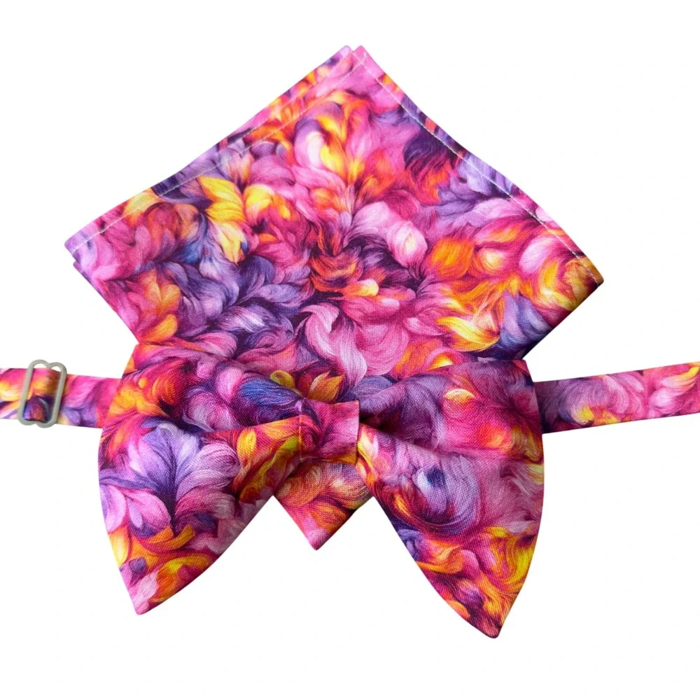 Abstract Floral Bow‎ Tie and Pocket Square Set Purple Pink Orange Formal